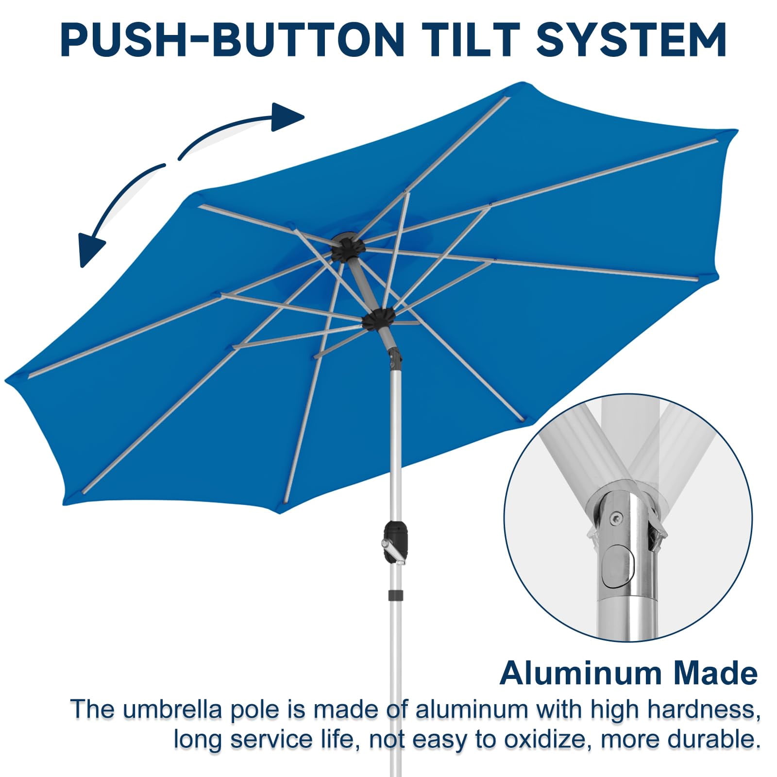 10FT Aluminum Outdoor Patio Umbrella, Fade-Resistant Market Umbrella with Push Button Tilt Function, 8 Sturdy All-Aluminum Ribs for Gardens, Patios, Backyards & Pools (Royal Blue)