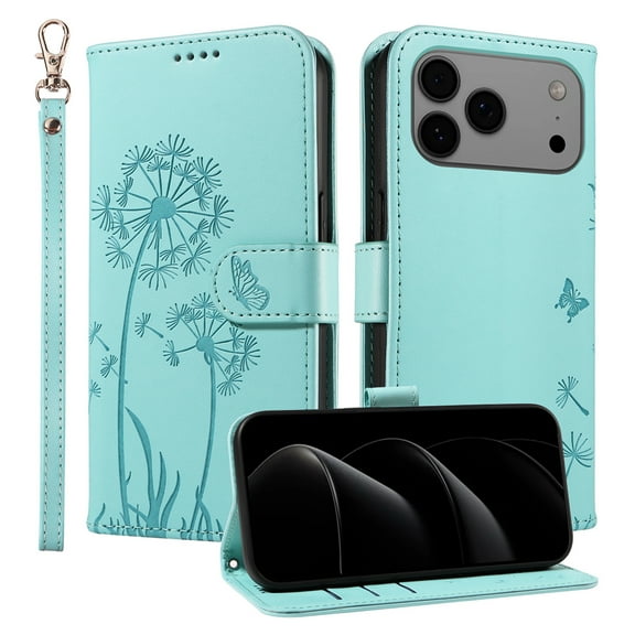 TECH CIRCLE Embossed Dandelion Series Flip Wallet Phone Case for iPhone 17 Pro (6.3", 2025) with Wrist Strap, Slim Fits and Lightweight, PU Leather Protective Folio Fold Stand Case, Green
