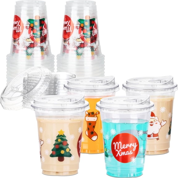16 oz Christmas Cups Plastic Coffee Cups with Lids, Christmas Cup Disposable 25 Sets, Xmas holiday Party Supply for Iced Coffee & Drinks, To Go Cups