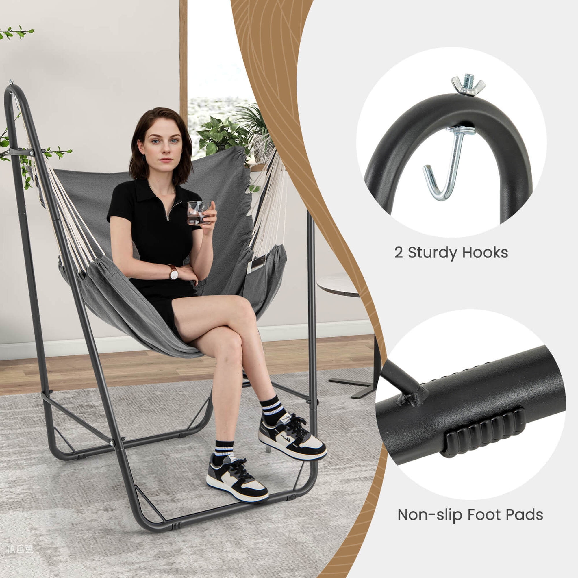 Costway Heavy-duty Hammock Chair with Stand Metal Frame Storage Pocket Quality Fabric