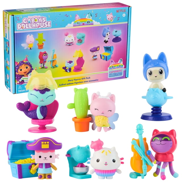 juego de 12 figuras con historias de toy Gabby's Dollhouse, paquete de regalo para mayores de 3 años — caja del set y las 12 piezas desplegadas en vista frontal: seis figuras coleccionables de gatitos y seis accesorios de casa de muñecas (muebles, planta en maceta, cofres y sillas) en colores pastel y vivos sobre fondo blanco; ideal para juego imaginativo y expandir la casa de muñecas Gabby's Dollhouse.