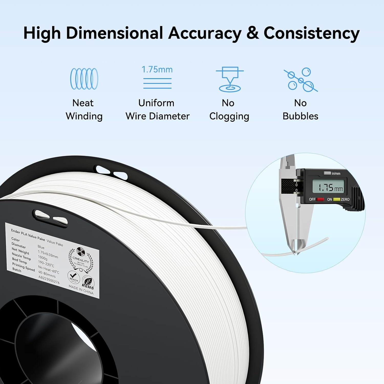 PLA 3D Printer Filament PLA Filament 1.75mm, Neatly Wound 3D Printing Filament 1.75mm, Dimensional Accuracy +/- 0.02 mm, Fit Most FDM 3D Printers, 1kg Spool (2.2lbs), White