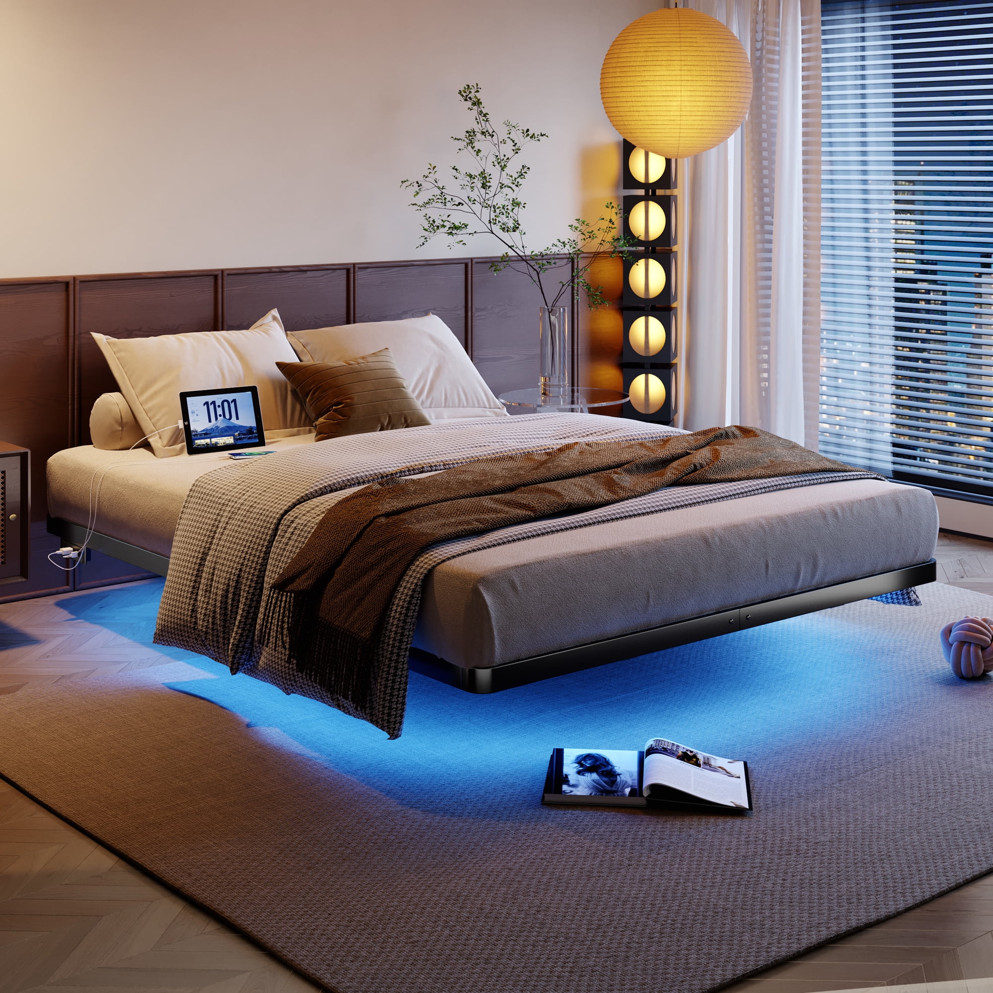 Allewie Floating Bed Frame Queen Size with Smart LED Lights and Charging Station, Heavy Duty Metal Platform Bed, No Box Spring Needed, Easy Assembly, Black