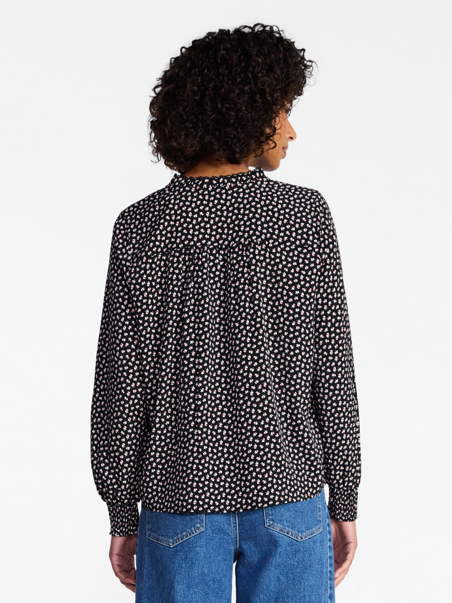 Time and Tru Women's Ruffle Button Down Blouse with Long Sleeves, Sizes XS-XXXL