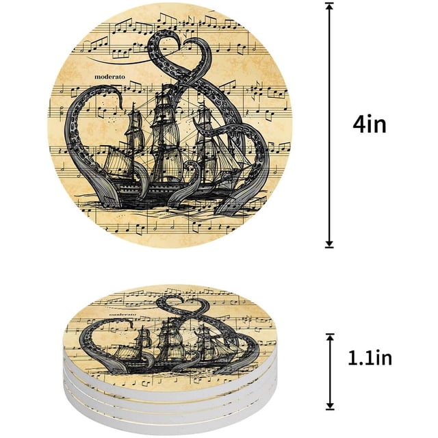 RYLABLUE Octopus and Pirate Ship Retro Sheet Music Set of 8 Round Coaster for Drinks, Absorbent Ceramic Stone Coasters Cup Mat with Cork Base for Home Kitchen Room Coffee Table Bar Decor