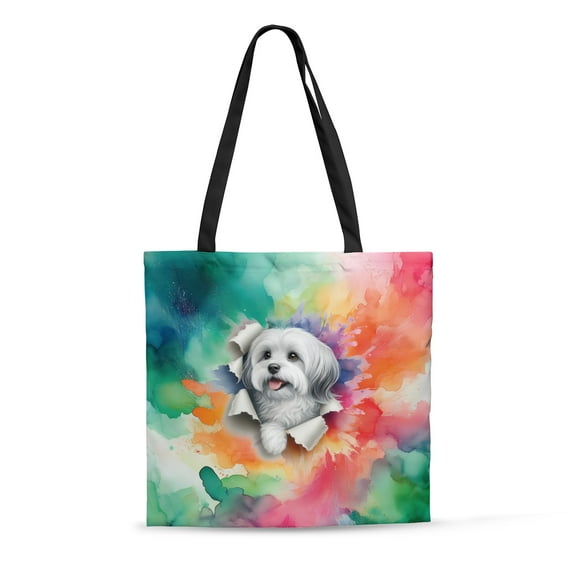 Funny Watercolor Adorable Havanese Peeking Through Torn Paper Effect All Over Print 3D Canvas Tote Bag Havanese Dog Lover Gifts Idea Reusable Handbag - 00026
