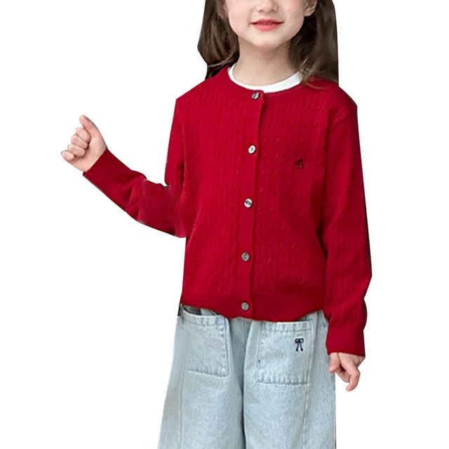 Wuxian Children Tops Knit Cardigan Sweater With Button Long Sleeve O-Neck Solid Color For To Teen Soft Comfortable Outfit Tops, Red, 9-10 Years