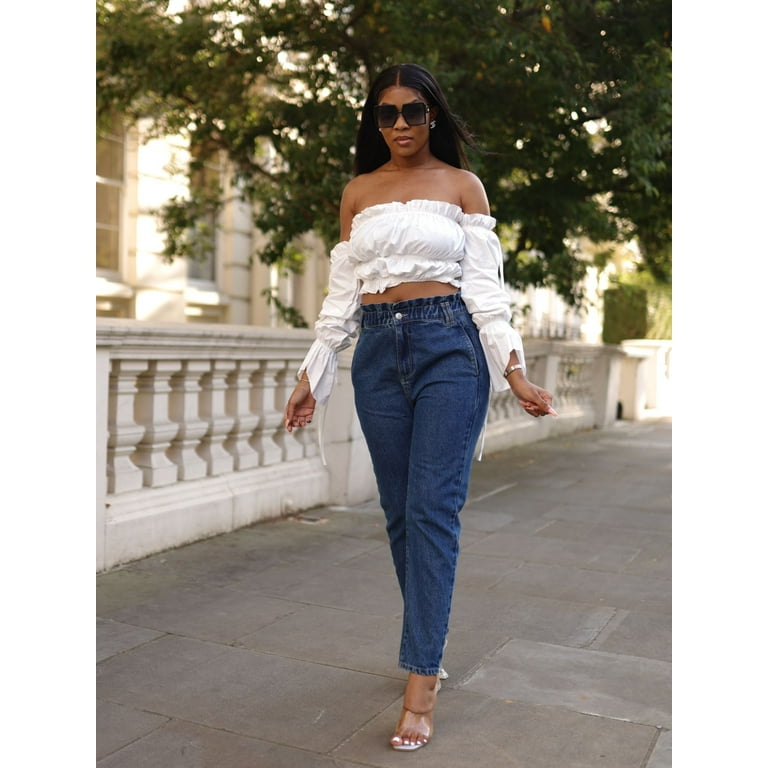 Setsofran London High Waist Shape Paperbag Jeans Medium Wash Blue XXL 12 14 US