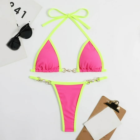 Gubotare Bikinis For Women Push Up Womens 2 Piece Swimsuits Triangle Halter Thong Bikini Set Butterfly Bathing Suits Sarongs Hot Pink S