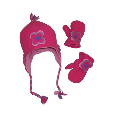 Cold Weather Flyers Cap NICE CAPS Little Girls Fully Lined Micro Fleece Hat Mitten Appliques Winter Accessory Set - Fits Toddler Childrens Youth Kids Sizes For Cold Weather Snow ()