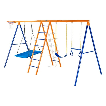 VEVOR Swing Sets for Backyard, 6 in 1 Swing Set with 2 Swings, Trapeze Bar, Climbing Ladder, Climbing Net, and Basketball Hoop, 440lbs Load Capacity Heavy-Duty Metal Swingset Outdoor, Kids Ages 3+
