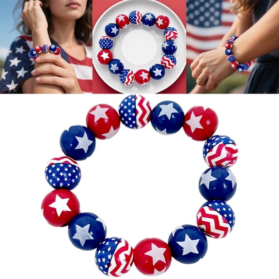 SeekLGT 4th of July Bracelet Patriotic American Flag Red White Blue Beaded Adjustable Stretch USA Jewelry for Independence Day Celebrations