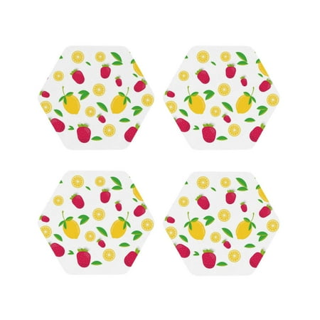 

Fuzoiu Strawberry and Lemon Print Leather Coasters Set Drink Coasters Set of 4 for Tabletop Protection Durable PVC Coasters Home Décor and Housewarming Gift-Hexagon