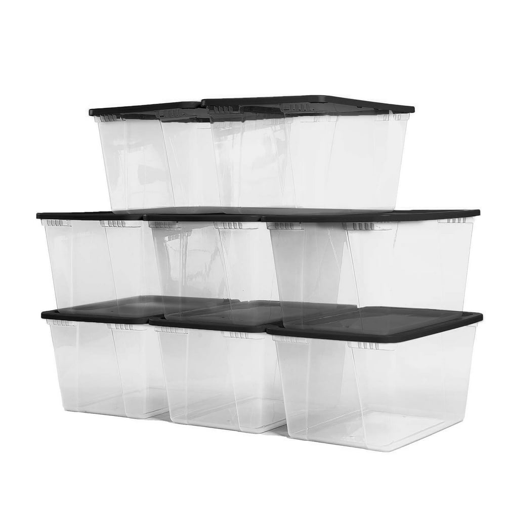 Homz 56 Qt Plastic Storage Container, Black Lid and Clear Base, Set of