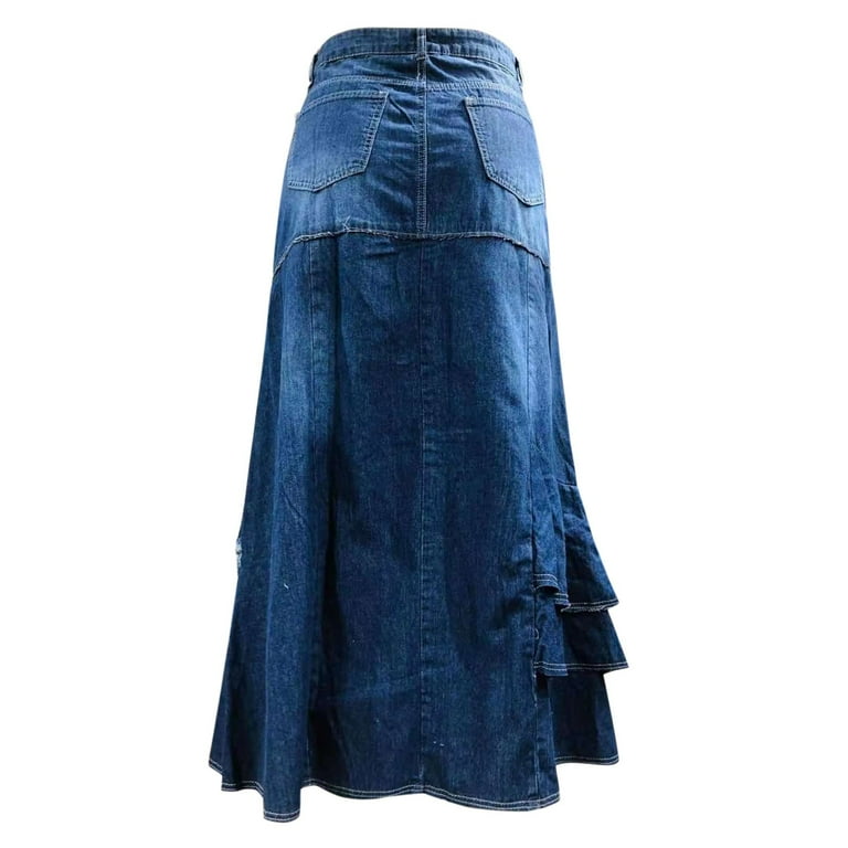 xiuh women's solid color denim skirts women asymmetrical spliced skirt high waist a-line jean skirt dark blue xl