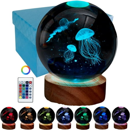 

3D Jellyfish Crystal Ball Lamp Upgraded 3.15 Inch Jellyfish Crystal Ball Night Light With 16 Colors Led Wooden Base Remote Control Gift Box Packaging Home Decor Gift For Friends (Jellyfish)