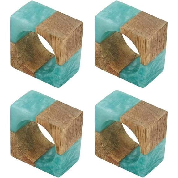Fennco Styles Mango Wood & Resin Modern Square Napkin Rings, Set of 4 - Aqua Decorative Napkin Holders for Home, Dining Table, Banquet, Family Gathering, Holiday Décor and Special Occasion