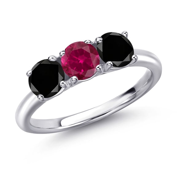 Gem Stone King 925 Sterling Silver Red Created Ruby and Black Diamond Engagement Ring for Women | 1.70 Cttw | Round 5MM | Gemstone July Birthstone | Size 6