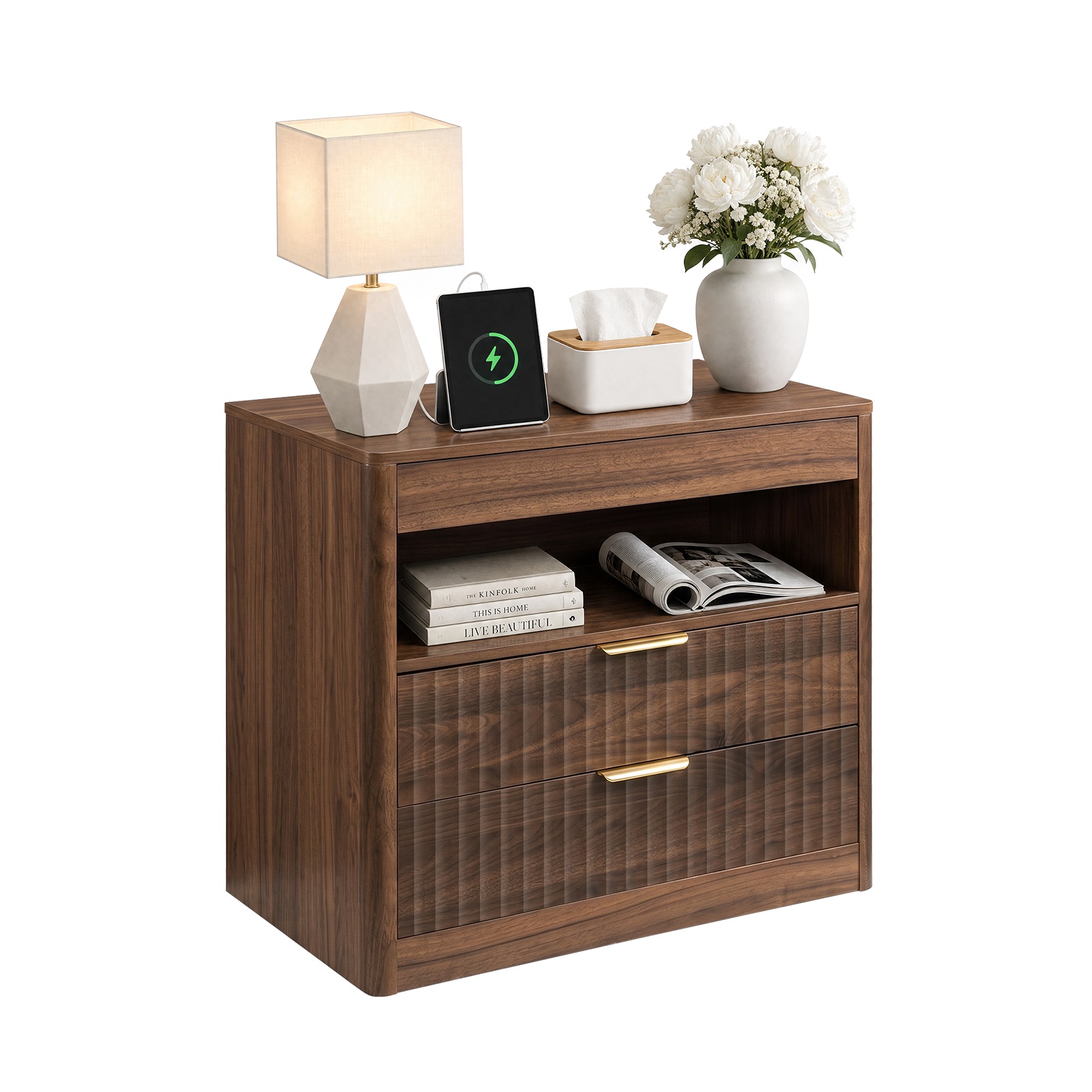 Hommoo Nightstand with 2 Drawers, Pull-Out Shelf & Hidden Power Outlets, Modern Bedside Table for Bedroom, Office or Living Room, Walnut