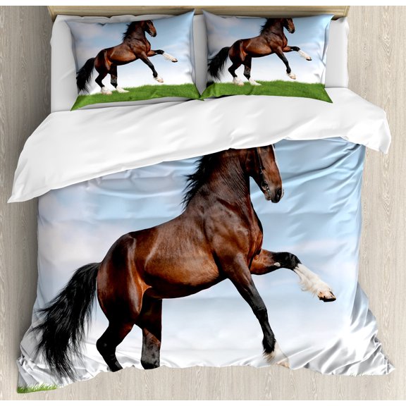 Horses Duvet Cover Set, Bay Horse Pacing on the Grass Energetic Noble Character of the Nature Concept, Decorative 3 Piece Bedding Set with 2 Pillow Shams, King Size, Blue Green Brown, by Ambesonne