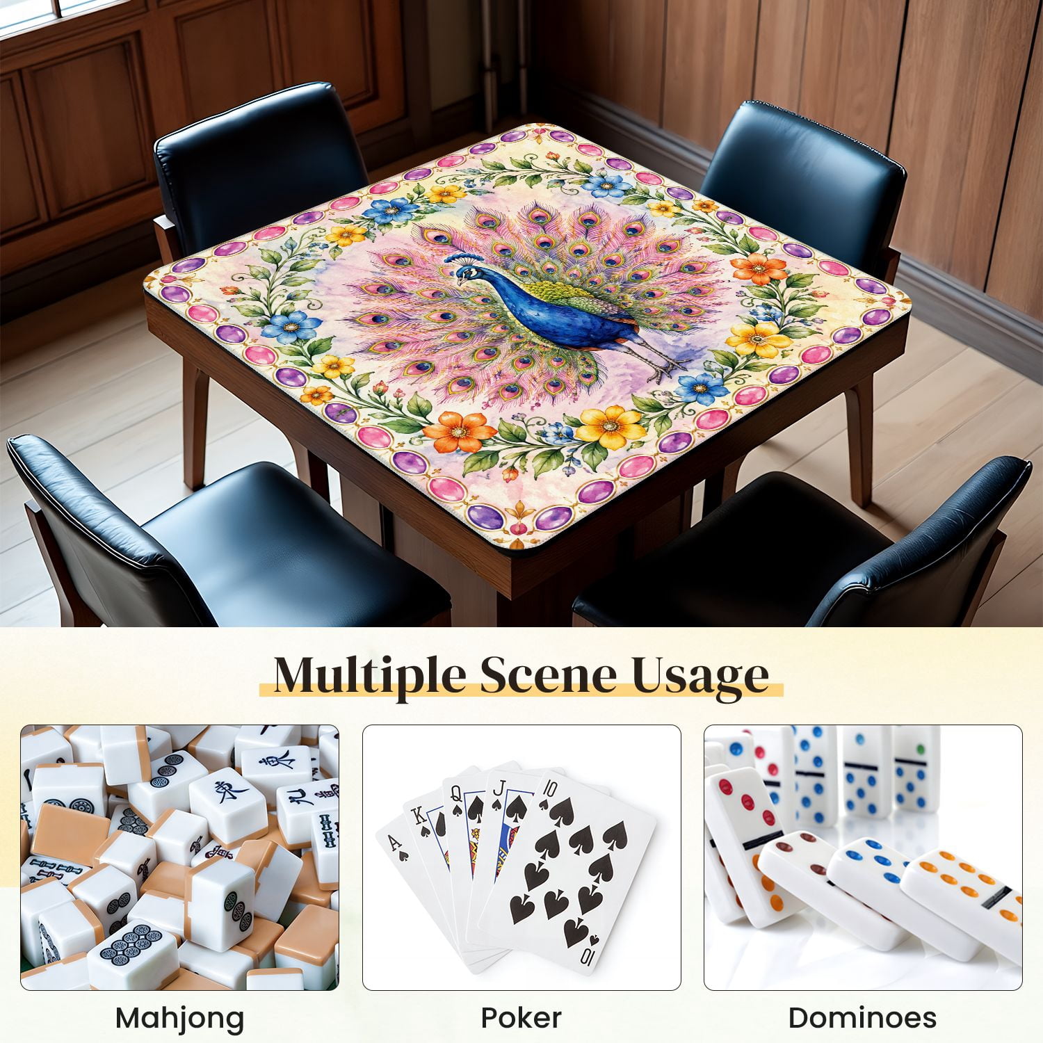Mahjong Mat 31.5" x 31.5" Colorful Peacock Spread Feathers Floral Border Non-Slip Noise Reduction Mahjong Tiles Table Cover for Dominoes Poker Card Board and Tile Games