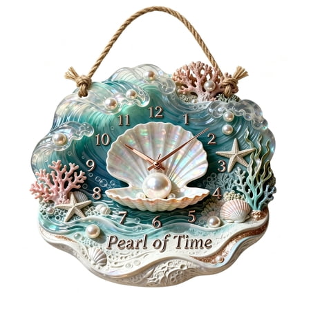 Pearl of Time Silent Non-Ticking Wooden Wall Clock, Nautical Beach Themed Hanging Clock with Rope, Coastal Wall Art Decor for Home Office