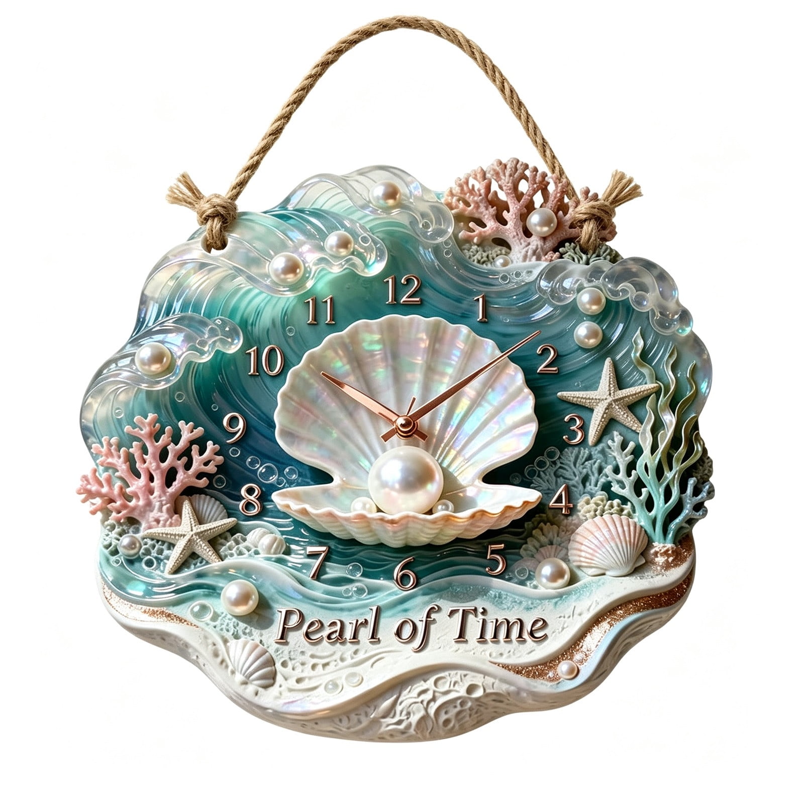 Pearl of Time Silent Non-Ticking Wooden Wall Clock, Nautical Beach Themed Hanging Clock with Rope, Coastal Wall Art Decor for Home Office