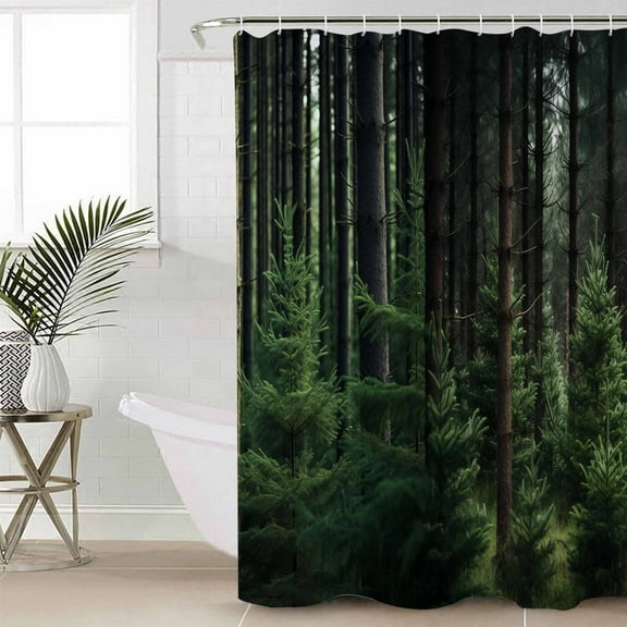 Green Forest Bathroom Curtain 72 Inch Shower Curtain with Hooks, Mysterious Primitive Forest Pine Tree Waterproof Polyester Bath Curtain Washable Bathtub Curtain 72''x 72''