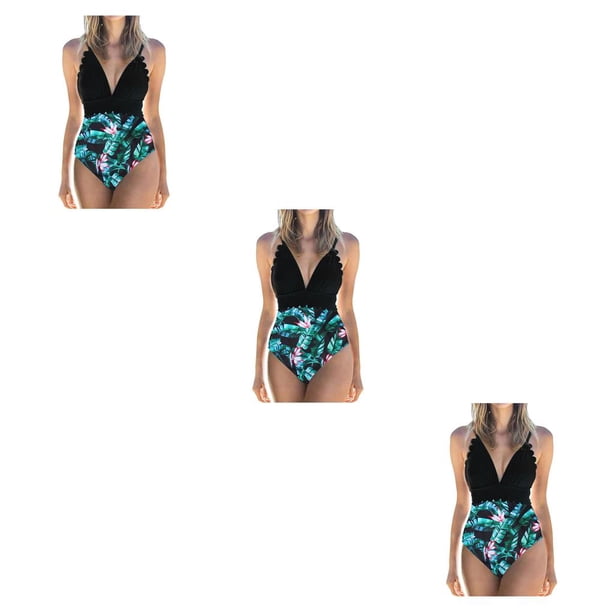 Soidarity Traje de baño de mujer Sin mangas Espalda abierta Acolchado Body Traje de baño de moda de baño delgado Traje de playa para negro + Flor negra + verde S 3Conjunto