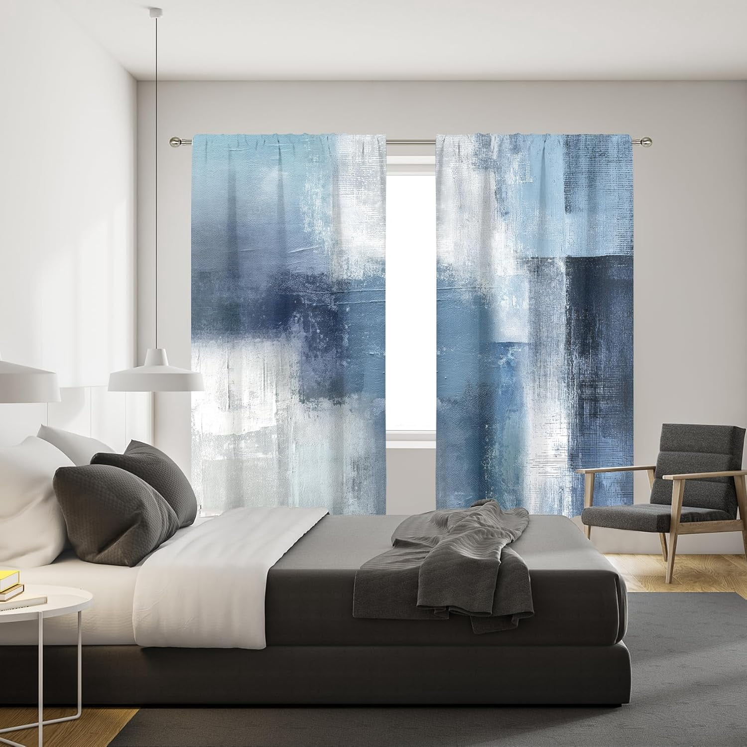 Abstract Navy Blue Curtains 42W x 63H Inch Rod Pocket Grey Art Painting Modern Contemporary Watercolor Cool Oil Print Living Room Bedroom Window Drapes Fabric 2 Panel