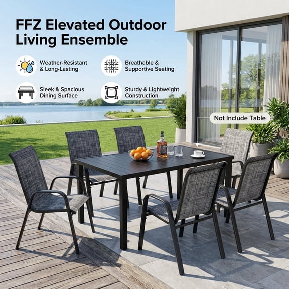 FFZ Patio Chairs Set of 6, Stackable Outdoor Dining Chairs with Textilene Fabric & Metal Frame, for Backyard Deck Garden (No Table)