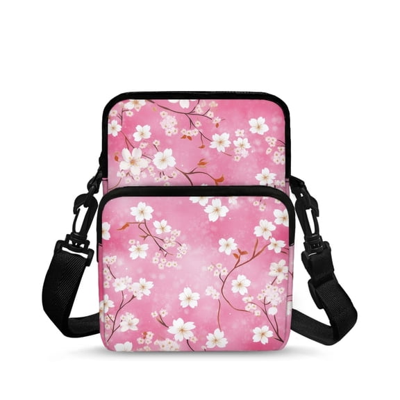 FUIALDOLG Pink Cherry Blossom Shoulder Bags Polyester Crossbody Bags for Girls, Adjustable Portable Crossbody Purse