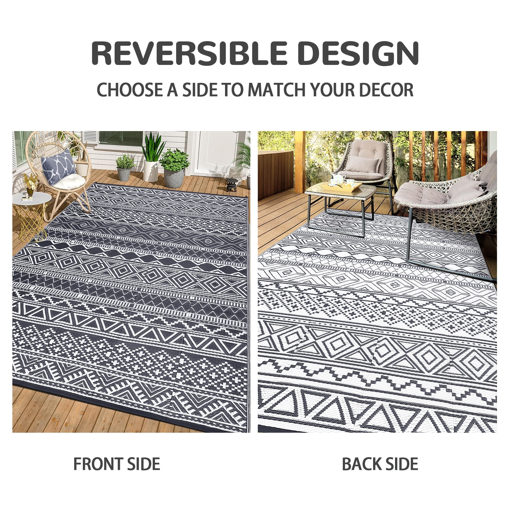 HOMERRY Geometric Outdoor Rug Straw Plastic Area Rug for Balcony Pool RV Waterproof Reversible Carpet, White/Gray, 9'x 12'