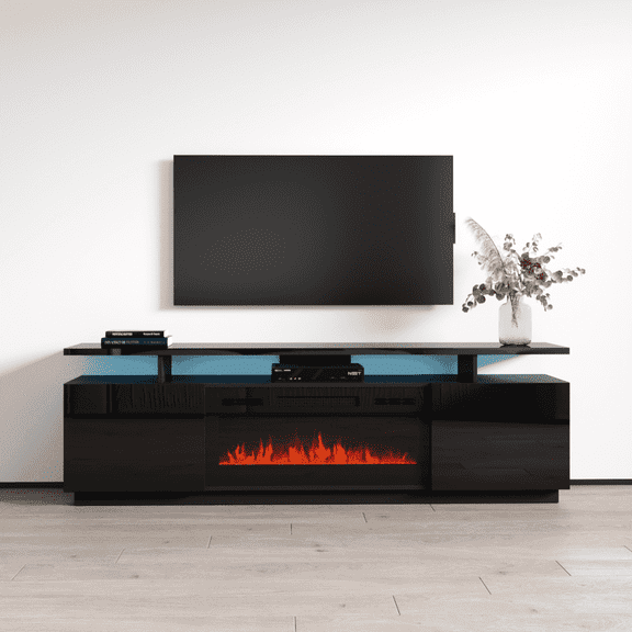 Eva-KBL Fireplace TV Stand for TVs up to 80", Modern High Gloss 71" Entertainment Center, Electric Fireplace TV Media Console with Storage Cabinets and LED Lights