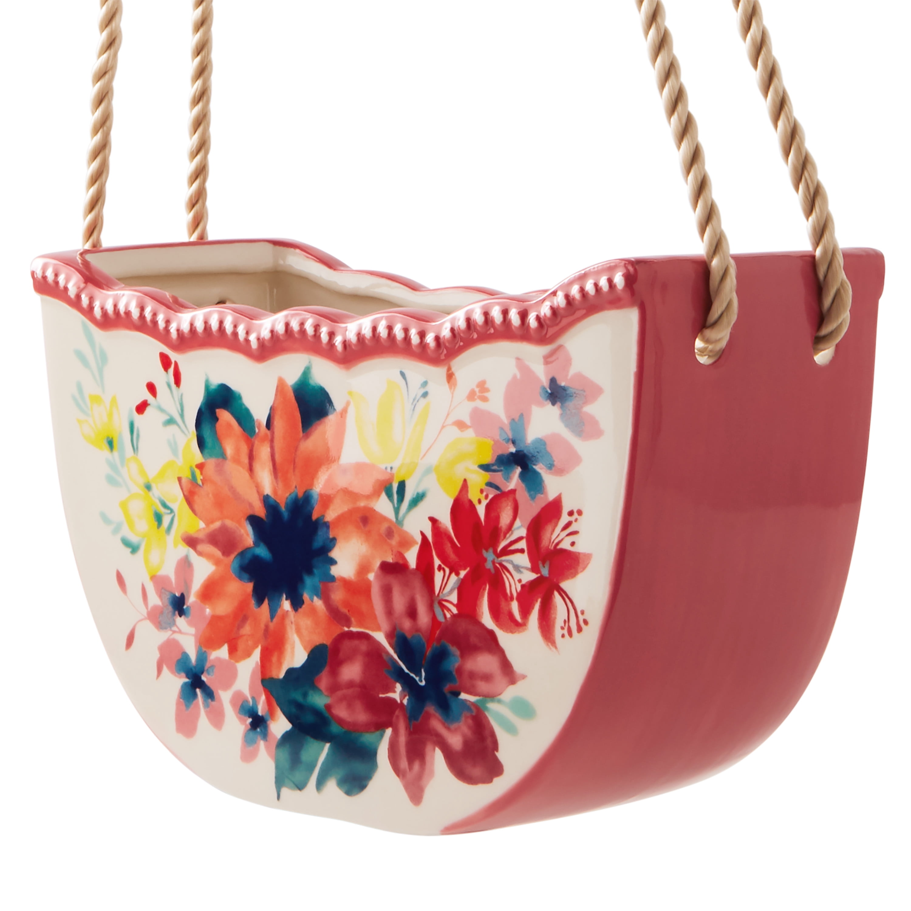 The Pioneer Woman 8 in Floral Ceramic Hanging Planter, Red