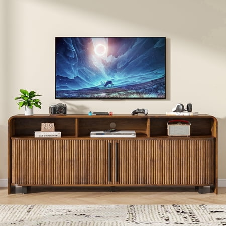 Fluted TV Stand for 65-80" TV, 70" Mid Century Modern Console, Large Walnut Entertainment Center with Storage, Sliding Doors