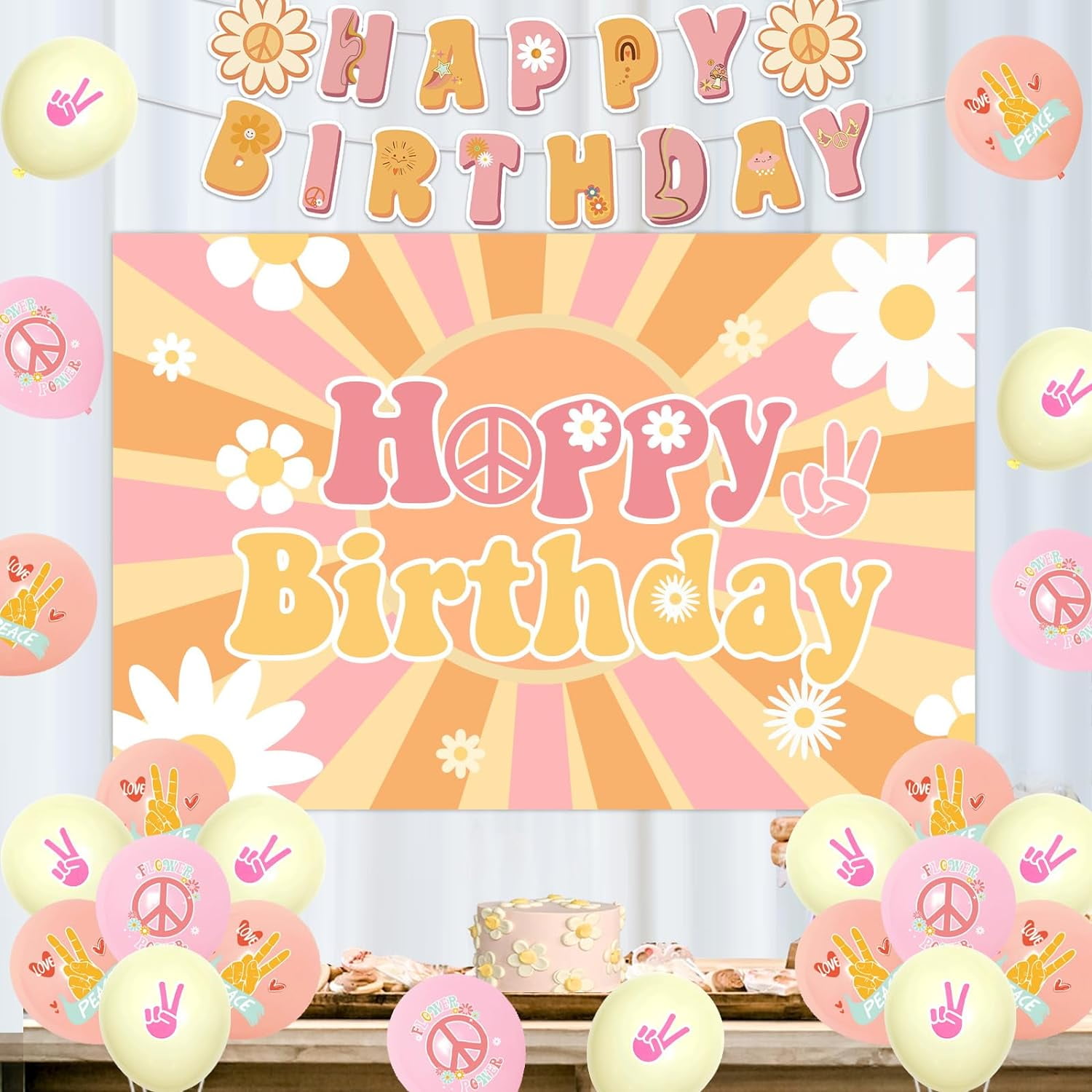 Groovy Birthday Decorations for Girls, Hippy Boho Happy Birthday Backdrop Banner Daisy Birthday Garland Flower Power Balloons for Retro Hippie 1960s 1970s One Two Groovy Party Supplies