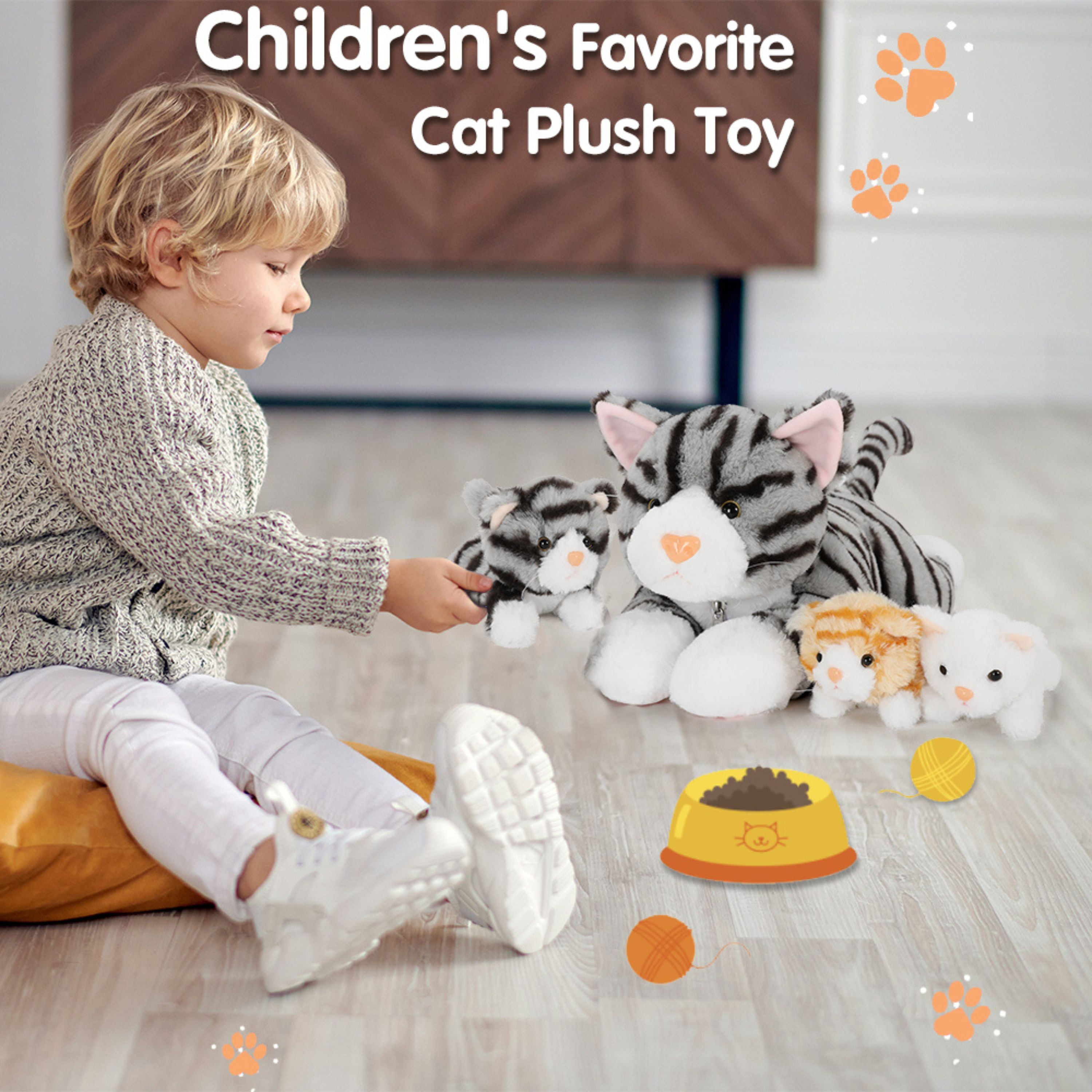 Tezituor 4Pcs Cat Stuffed Animal 16.5" Giant Cat Plush with 3 Babies Plush Toy