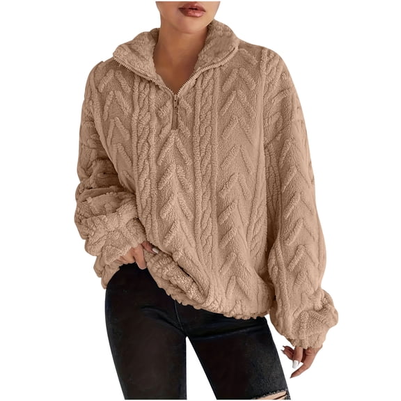 XUNKUSGA Womens Pullover Cute Soft Fuzzy Fleece Cable Knit Pullover Sweatshirts Fashion Quarter Zip Womens Jacket Oversized Casual Stand Collar Winter Coat Outfits S-2XL Brown