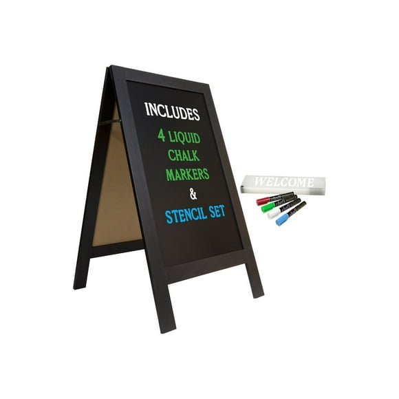 Large Sturdy Handcrafted 40" x 20" Wooden A-Frame Chalkboard Display / 4 Liquid Chalk Markers & Stencil Set/Sidewalk Chalkboard Sign Sandwich Board/Chalk Board Standing Sign (Black)