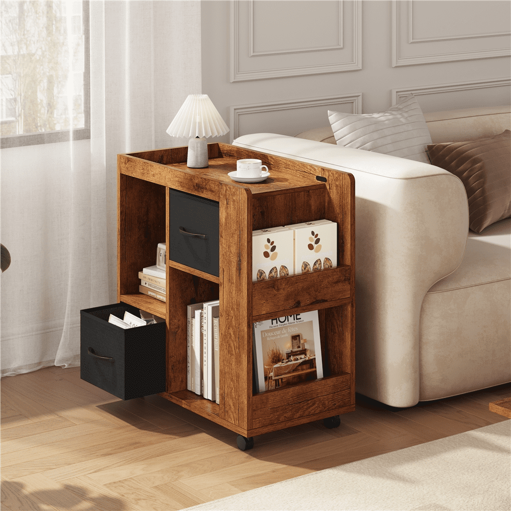 Renwick Modern Wooden Rolling Side Table with 2 Foldable Fabric Drawers and Magazine Racks, Rustic Brown