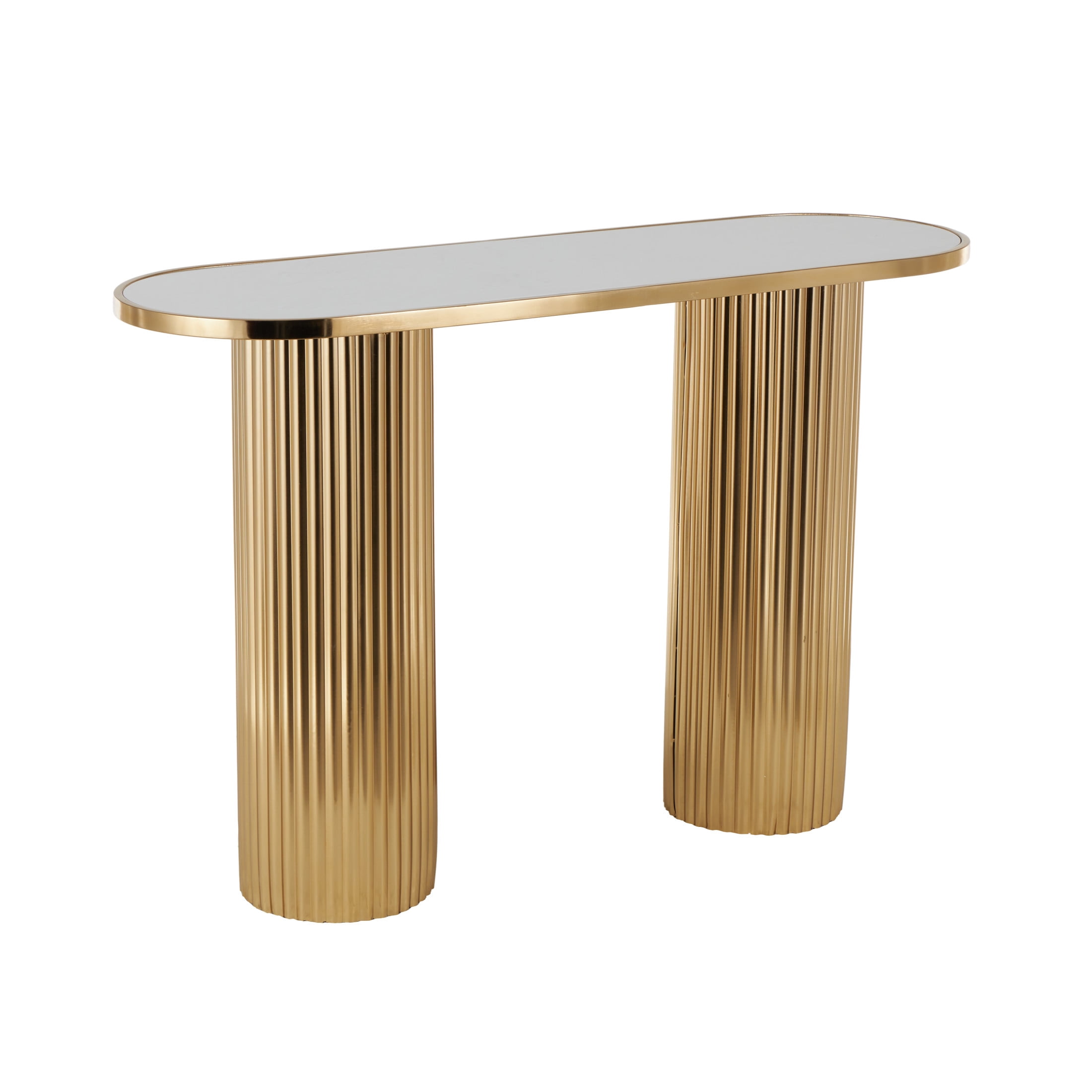 DecMode 47" x 31" Gold Metal Oval Console Table with White Marble Tabletop and Ribbed Legs, 1-Piece
