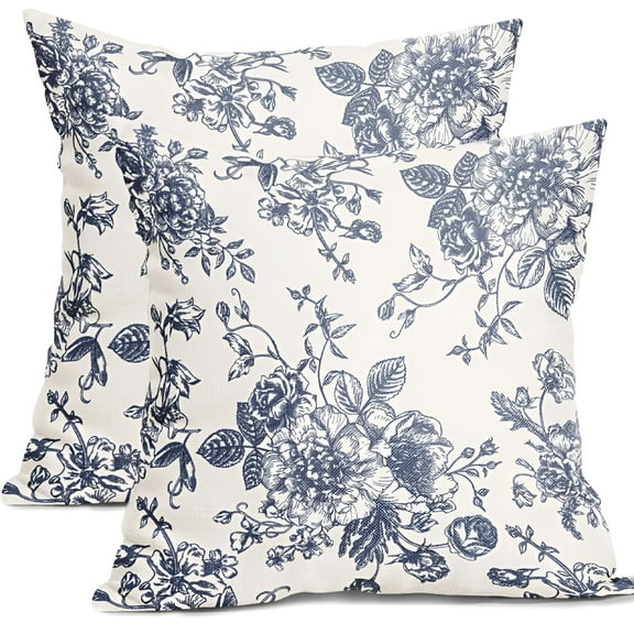 LAMIRO Vintage Floral Pillow Covers 16x16" Set of 2 Navy Blue and Cream Floral Throw Pillow Covers Flower Pillowcases Farmhouse Cotton Linen Cushion Covers for Couch Bed Sofa Chair Home Decor