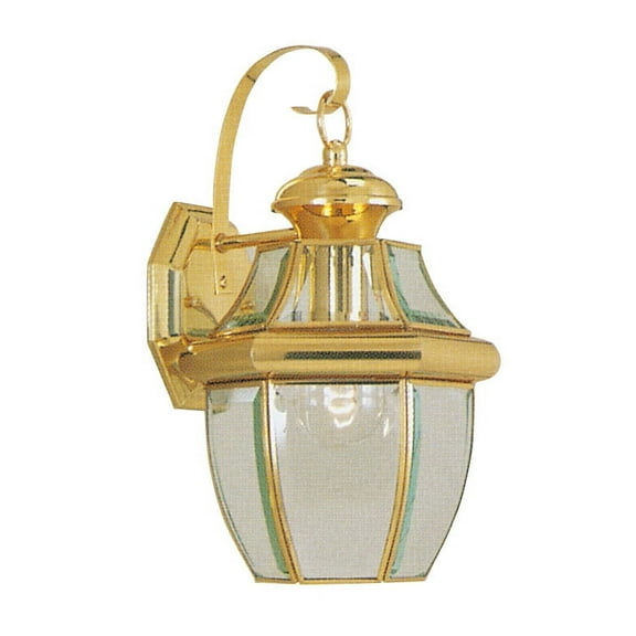 8.5 inch 1 Light Polished Brass Outdoor Wall Lantern Pendant Lighting Fixture with Clear Beveled Glass Shade backed with Hand Crafted Solid Brass material for patio, front porch, entryway and more