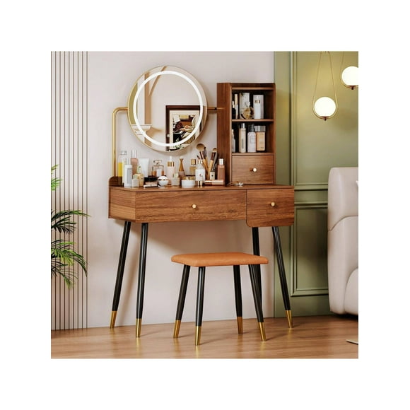Tocador con Espejo y 3 Modos de iluminación, tocador cosmético con Silla y 3 cajones, Regalo de tocador para niñas y Mujeres (Marron)