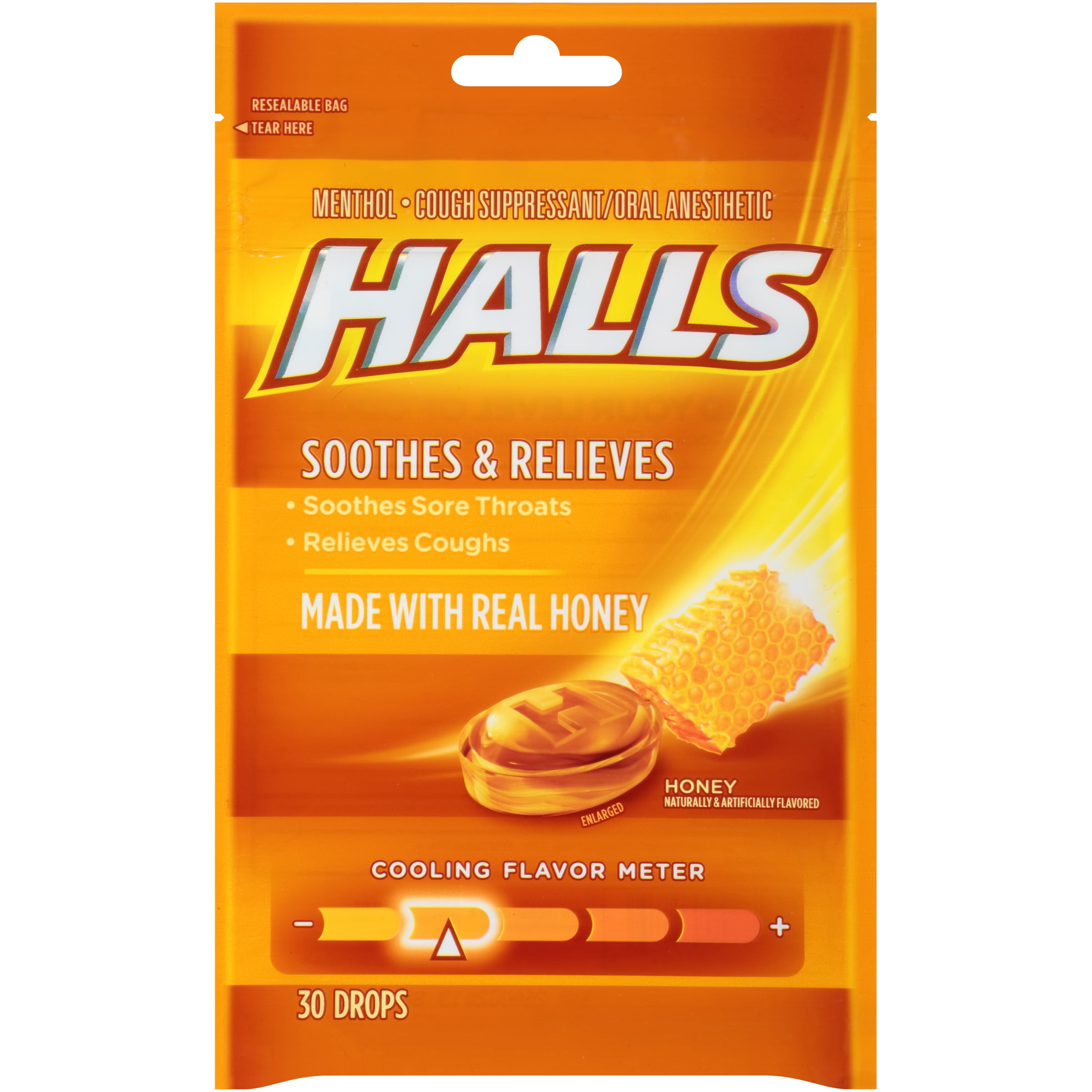 Halls Honey Cough Suppressant/Oral Anesthetic Menthol Drops, 30 count