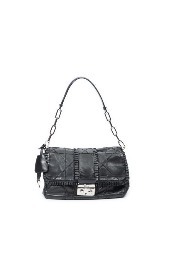 Pre-Owned Dior Black New Lock Ruffle Flap Shoulder Bag Cannage Lambskin Leather