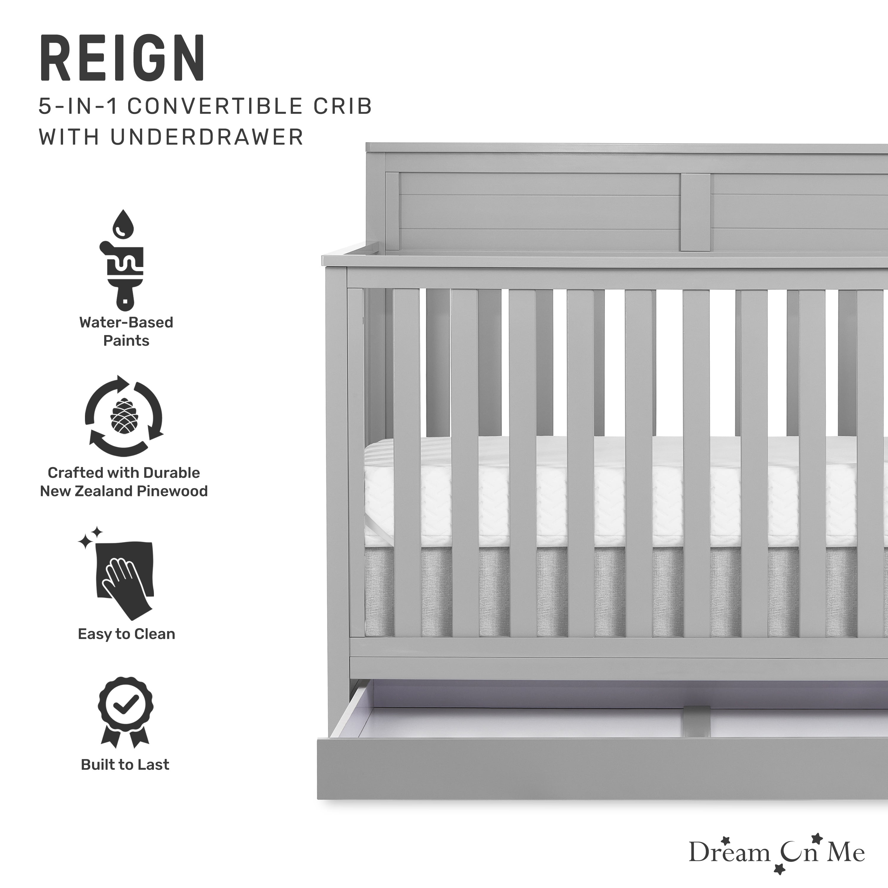Dream On Me Reign 5 in 1 Convertible Crib with Under Drawer in Pebble Gray