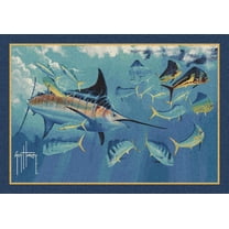 Milliken Blue Fish Fins Sea Nautical Area Rug Log Jam - Aprx 5' 4" x 7' 8"