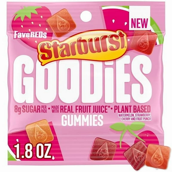 STARBURST GOODIES FaveREDS Plant-Based Low Sugar Candy Fruit Gummy Candies, 1.8 Oz Bags